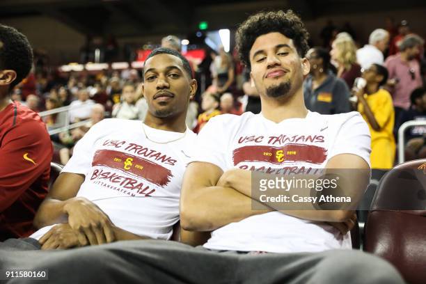 De'Anthony Melton and Bennie Boatwright of the USC Trojans pose together during a NCAA PAC12 college basketball game at Galen Center on January 28,...