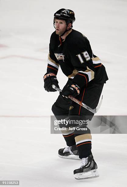 Ryan Whitney of the Anaheim Ducks skates during the preseason game against the San Jose Sharks at the Honda Center on September 21, 2009 in Anaheim,...