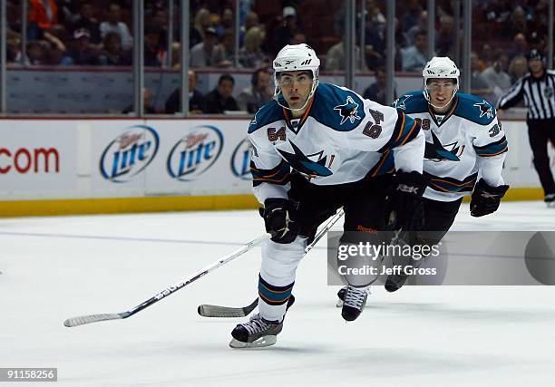 Nicholas Petrecki of the San Jose Sharks skates during the preseason game against the Anaheim Ducks at the Honda Center on September 21, 2009 in...