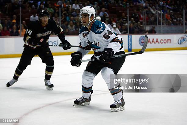 Nicholas Petrecki of the San Jose Sharks skates during the preseason game against the Anaheim Ducks at the Honda Center on September 21, 2009 in...