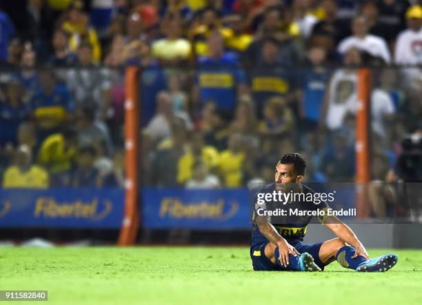 Carlos Tevez of Boca Juniors looks on during a match between Boca Juniors and Colon as part of the Superliga 2017/18 at Alberto J. Armando Stadium on...