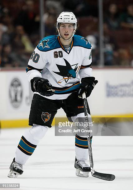 Jason Demers of the San Jose Sharks skates against the Anaheim Ducks during the preseason game at the Honda Center on September 21, 2009 in Anaheim,...