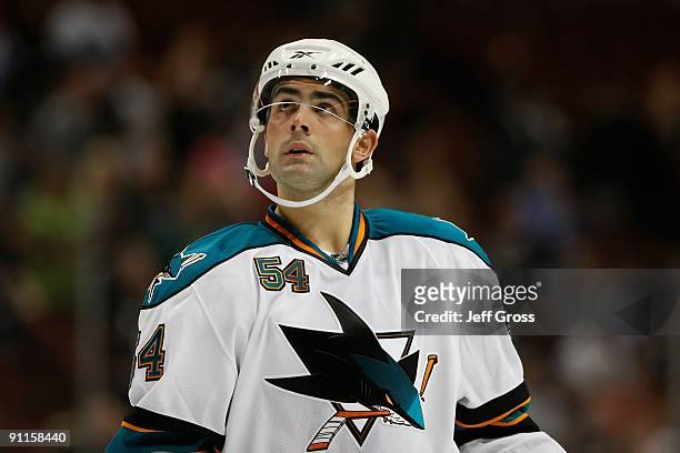 Nicholas Petrecki of the San Jose Sharks looks on during the preseason game against the Anaheim Ducks at the Honda Center on September 21, 2009 in...