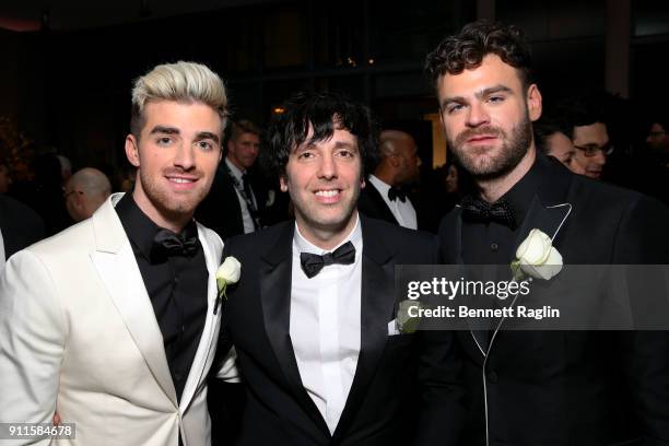 Drew Taggart, Chairman and CEO of Columbia Records Ron Perry, and Alex Pall of The Chainsmokers attend the Sony Music Entertainment 2018 Post-Grammy...