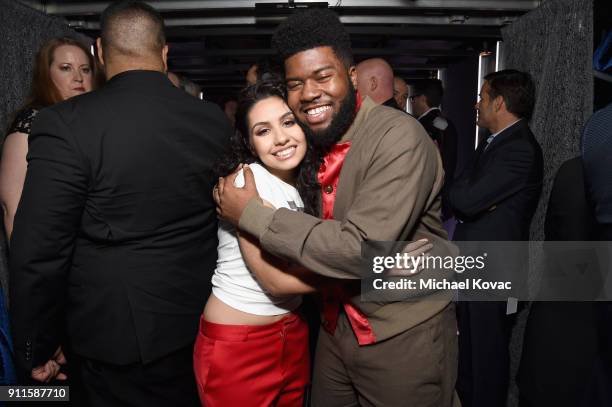 Alessia Cara and Khalid appear backstage during the 60th Annual GRAMMY Awards at Madison Square Garden on January 28, 2018 in New York City.