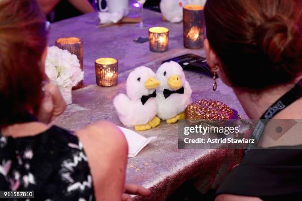 Aflac ducks sitting on a table at the 60th Annual GRAMMY Awards Celebration at Marriott Marquis Hotel on January 28, 2018 in New York City.