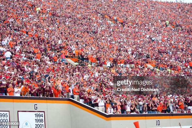 Fans of the Virginia Tech University Hokies cheer against the University of Nebraska Cornhuskers on September 19, 2009 at Lane Stadium in Blacksburg,...