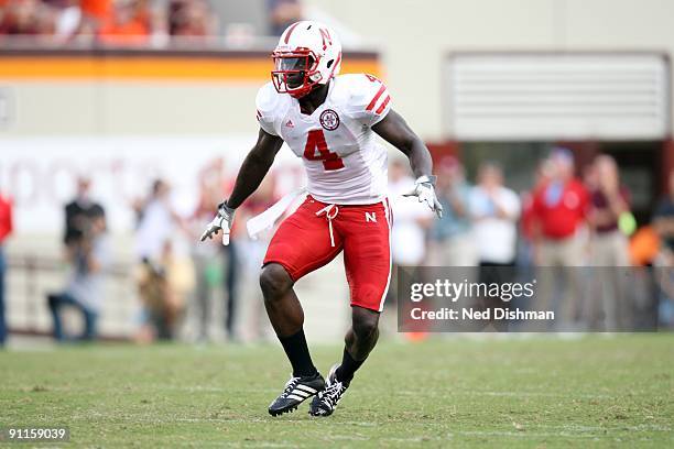 Safety Larry Asante of the University of Nebraska Cornhuskers defends against the Virginia Tech University Hokies on September 19, 2009 at Lane...