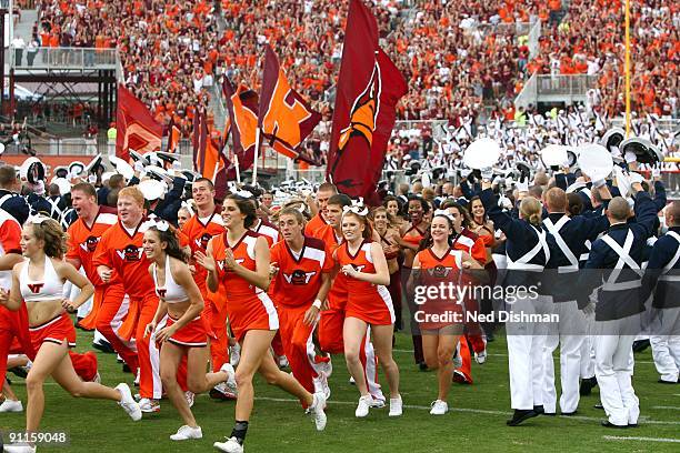 The Virginia Tech University Hokies run onto the field against the University of Nebraska Cornhuskers on September 19, 2009 at Lane Stadium in...