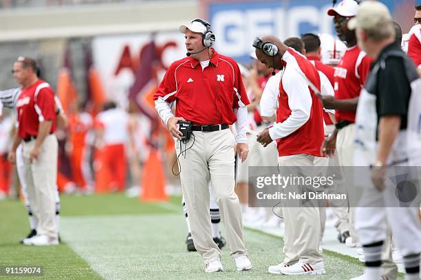 Head coach Bo Pelini of the University of Nebraska Cornhuskers walks on the sideline against the Virginia Tech University Hokies on September 19,...