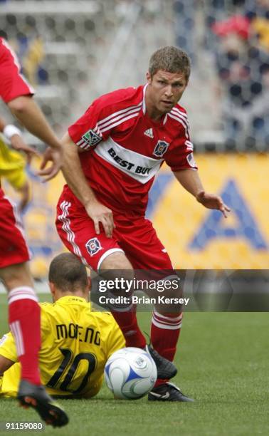 Logan Pause of the Chicago Fire looks at the ball during the first half against the Columbus Crew at Toyota Park on September 20, 2009 in Bridgeview,...