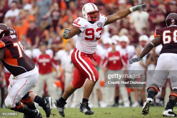 Ndamukong Suh of the University of Nebraska Cornhuskers rushes the passer against the Virginia Tech University Hokies on September 19, 2009 at Lane...