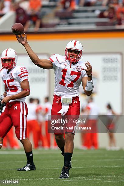 Quarterback Cody Green of the University of Nebraska Cornhuskers passes against the Virginia Tech University Hokies on September 19, 2009 at Lane...