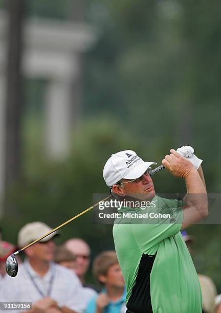 Sandy Lyle of Scotland watches his drive during the first round of the SAS Championship at Prestonwood Country Club held on September 25, 2009 in...