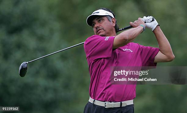 Eduardo Romero of Argentina, the defending champion, watches his drive during the first round of the SAS Championship at Prestonwood Country Club...