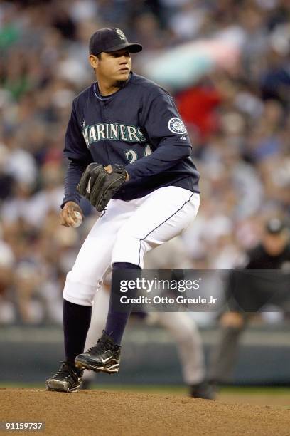 Felix Hernandez of the Seattle Mariners pitches during the game against the New York Yankees on September 18, 2009 at Safeco Field in Seattle,...