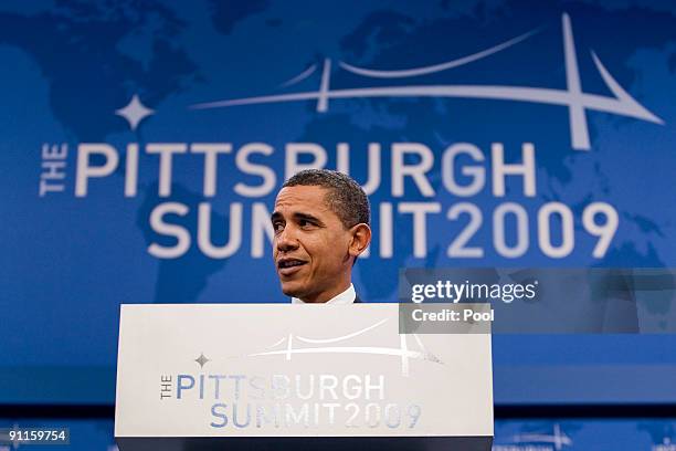 President Barack Obama speaks during a news conference following day two of the G-20 summit September 25, 2009 in Pittsburgh, Pennsylvania. G-20...