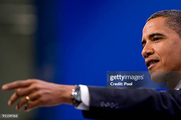 President Barack Obama takes a question during a news conference following day two of the G-20 summit September 25, 2009 in Pittsburgh, Pennsylvania....