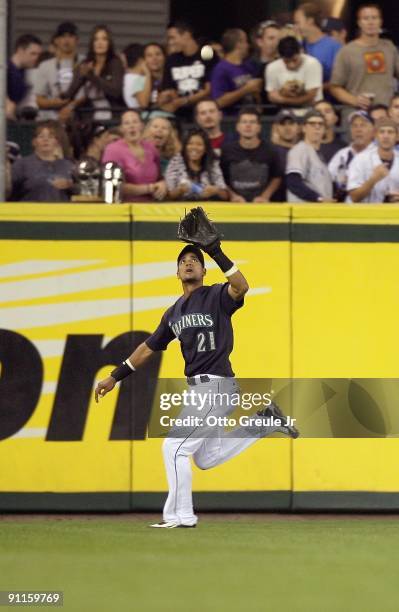 Franklin Gutierrez of the Seattle Mariners runs back to catch the fly ball during the game against the New York Yankees on September 18, 2009 at...