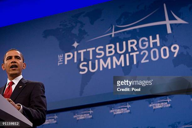 President Barack Obama speaks during a news conference following day two of the G-20 summit September 25, 2009 in Pittsburgh, Pennsylvania. G-20...