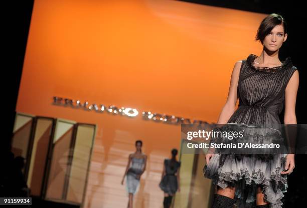 Model walks down the runway during the Ermanno Scervino show as part of Milan Womenswear Fashion Week Spring/Summer 2010 on September 25, 2009 in...