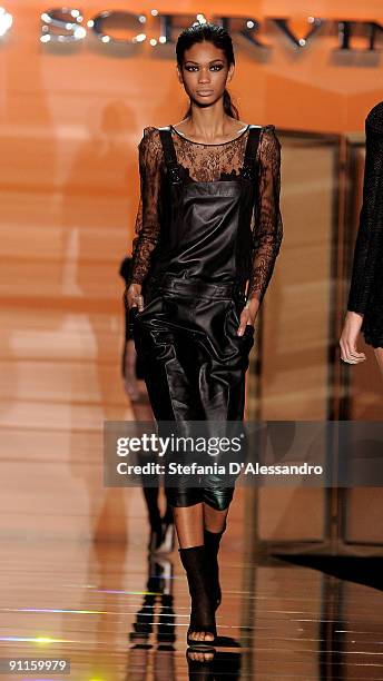 Model Chanel Iman walks down the runway during the Ermanno Scervino show as part of Milan Womenswear Fashion Week Spring/Summer 2010 on September 25,...