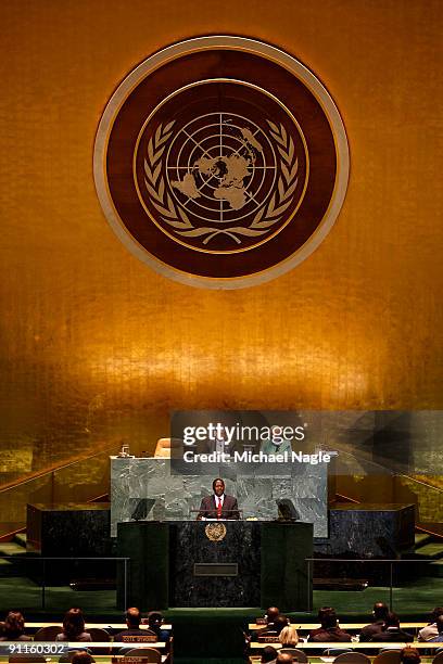 Prime Minister of Kenya Raila Amollo Odinga addresses the United Nations General Assembly at the U.N. Headquarters on September 25, 2009 in New York...