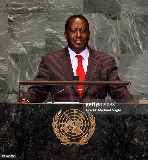Prime Minister of Kenya Raila Amollo Odinga addresses the United Nations General Assembly at the U.N. Headquarters on September 25, 2009 in New York...