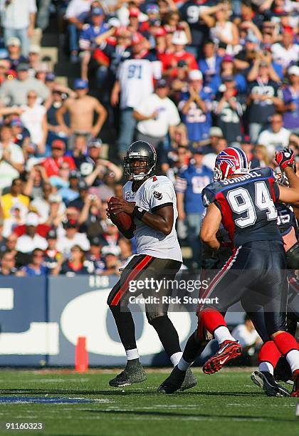 Quarterback Byron Leftwich of the Tampa Bay Buccaneers drops back to pass the ball during the game against the Buffalo Bills at Ralph Wilson Stadium...