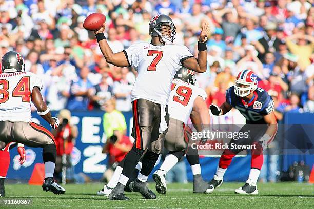 Quarterback Byron Leftwich of the Tampa Bay Buccaneers looks to pass the ball during the game against the Buffalo Bills at Ralph Wilson Stadium on...