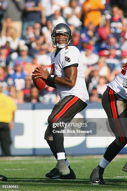 Quarterback Byron Leftwich of the Tampa Bay Buccaneers looks to pass the ball during the game against the Buffalo Bills at Ralph Wilson Stadium on...