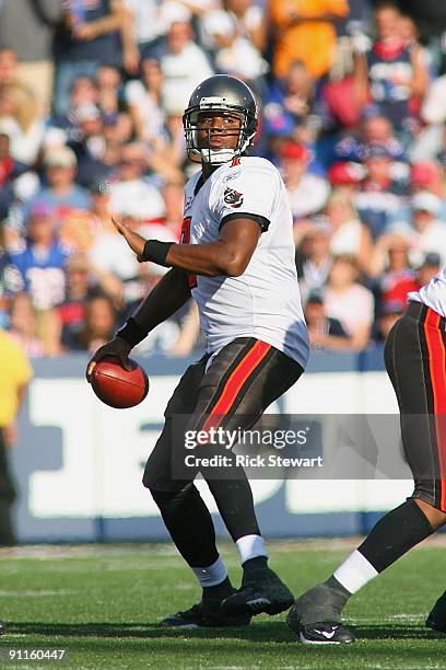 Quarterback Byron Leftwich of the Tampa Bay Buccaneers looks to pass the ball during the game against the Buffalo Bills at Ralph Wilson Stadium on...