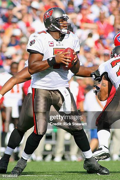 Quarterback Byron Leftwich of the Tampa Bay Buccaneers drops back to pass during the game against the Buffalo Bills at Ralph Wilson Stadium on...