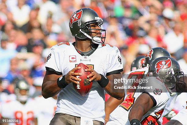 Quarterback Byron Leftwich of the Tampa Bay Buccaneers drops back to pass during the game against the Buffalo Bills at Ralph Wilson Stadium on...