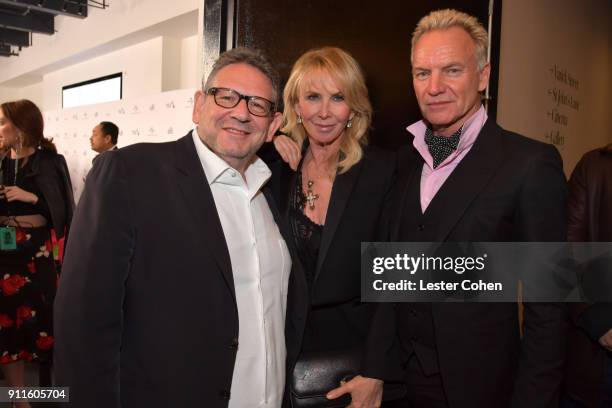 Chairman and CEO of UMG Sir Lucian Grainge, Trudie Styler and Sting attend the Universal Music Group's 2018 After Party To Celebrate the Grammy...
