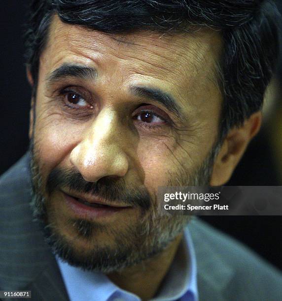 Iranian President Mahmoud Ahmadinejad attends a meeting with UN Secretary-General Ban Ki-Moon at the UN on September 25, 2009 in New York, New York....