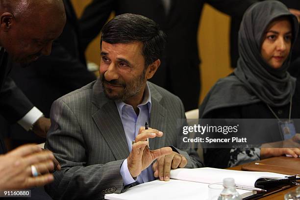 Iranian President Mahmoud Ahmadinejad attends a meeting with UN Secretary-General Ban Ki-Moon at the UN on September 25, 2009 in New York, New York....