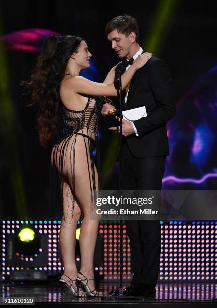 Adult film actress Lana Rhoades and adult film actor Markus Dupree accept an award during the 2018 Adult Video News Awards at The Joint inside the...