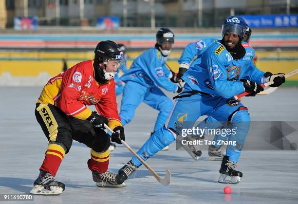 Players in action in the 2018 World Bandy Championship Men B Group during the match between China and Somalia at the Harbin sport university Stadium...