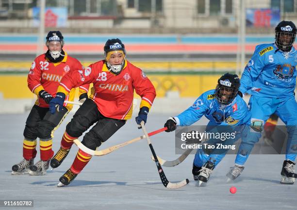 Players in action in the 2018 World Bandy Championship Men B Group during the match between China and Somalia at the Harbin sport university Stadium...