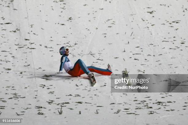Ski jumper Killian Peier falls during FIS Ski Jumping World Cup in Zakopane, Poland on 28 January, 2018.