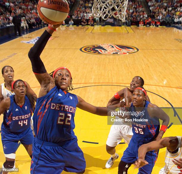 Alexis Hornbuckle of the Detroit Shock rebounds on the Indiana Fever during Game 2 of the Eastern Conference Finals at Conseco Fieldhouse on...