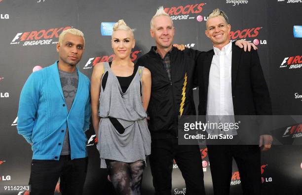 Tony Kanal, Gwen Stefani, Tom Dumont and Adrian Young of No Doubt attend a photo call on the second day of the three day F1 Rocks Singapore concert...