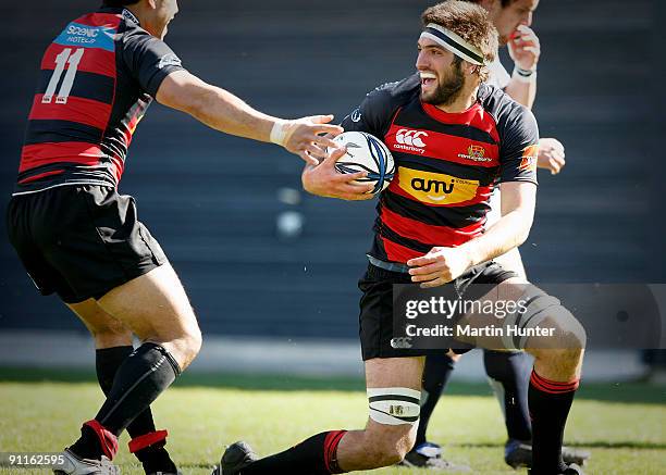 Sam Whitelock of Canterbury celebrates with team mate Tu Umaga-Marshall after scoring a try during the Air New Zealand Cup match between Canterbury...