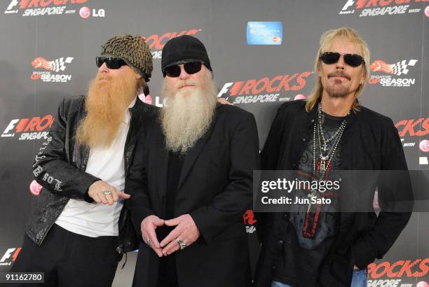 Billy F. Gibbons, Dusty Hill and Frank Beard of ZZ Top poses at the photocall on the second day of the three day F1 Rocks Singapore concert at Fort...