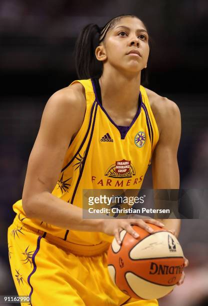 Candace Parker of the Los Angeles Sparks shoots a free throw shot against the Phoenix Mercury in Game Two of the Western Conference Finals during the...