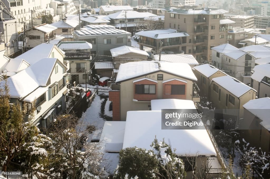 Snow remains on roofs on the next morning of snowing