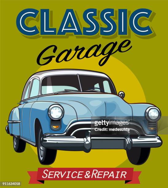 classic american car vector - old car garage stock illustrations