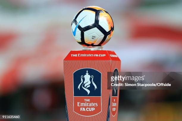 The matchball sits on a plinth before The Emirates FA Cup Fourth Round match between Liverpool and West Bromwich Albion at Anfield on January 27,...