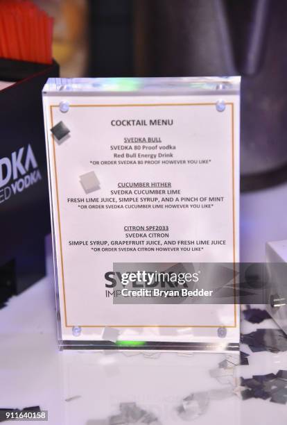 Cocktail menu is seen during the 60th Annual Grammy Awards after party hosted by Benny Blanco and Diplo with SVEDKA Vodka and Interscope Records on...